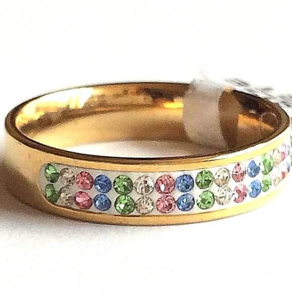 Gold Eternity Band Ring Size 6 8 9 10 11 Pink Blue Green Plated Stackable - Picture 9 of 10